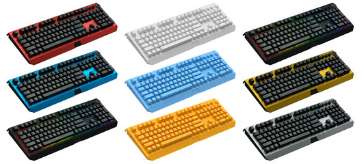 Collection of mechanical keyboards isolated on white background with clipping path