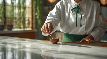 Chef sprinkles spices onto a dish at a restaurant counter, adding a final touch of flavor with precision and care, creating anticipation and culinary artistry.