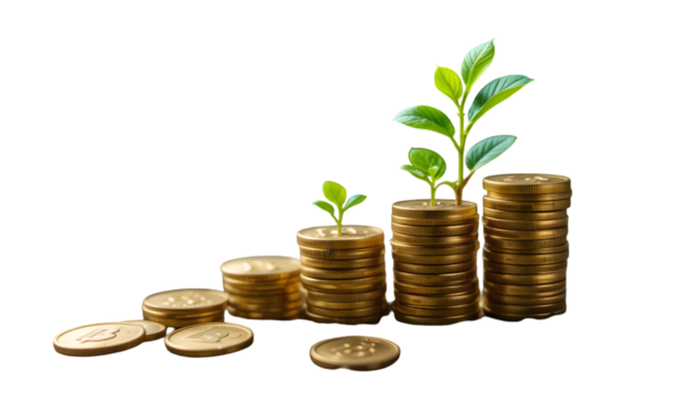 A visual representation of financial growth, showcasing stacks of coins with small plants growing out of them, symbolizing investment and prosperity, isolated on transparent background
