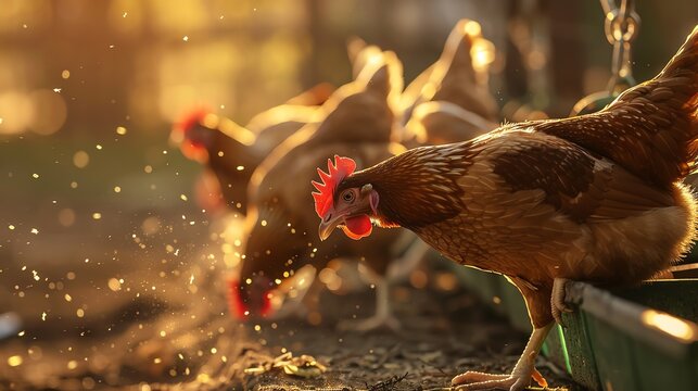Chickens feeding in golden sunlight outdoors.