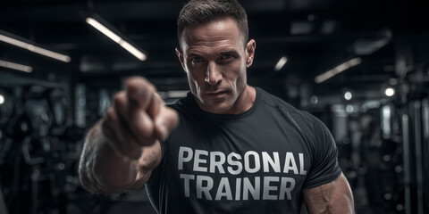Portrait of muscular male personal trainer in a modern dark gym, wearing a black shirt with PERSONAL TRAINER written in bold white letters, pointing at the camera with his index finger. Generative Ai.