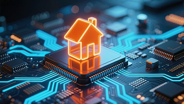 Smart Home Automation Icon of orange color representing advanced technology integration for seamless home control and connectivity.