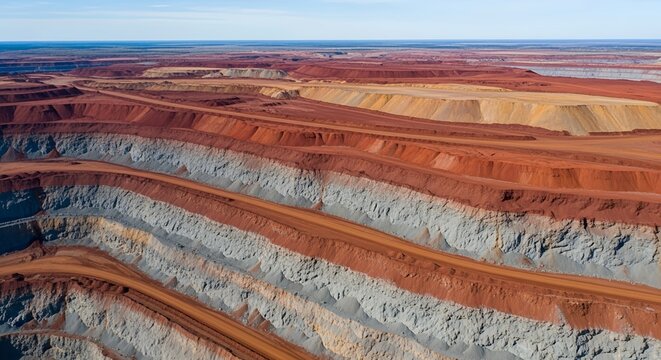 Aerial View of Colorful Layered Open Pit Mine Showing Geological Strata and Terraced Excavation Patterns