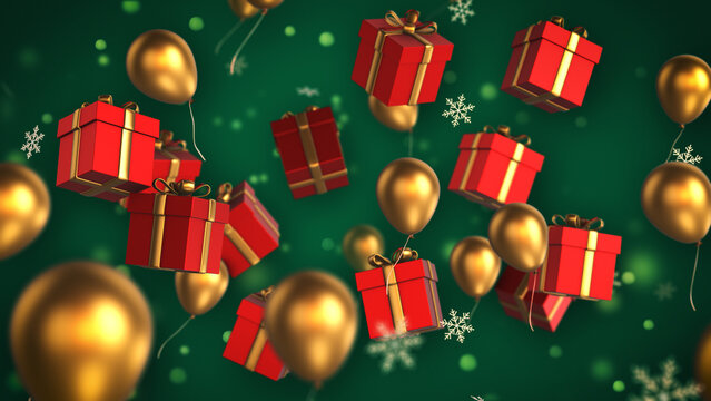 Merry Christmas Greeting with Red Gifts and Golden Balloons