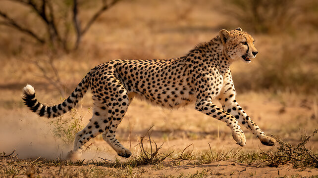 Cheetah sprinting across dry savanna kicking up dust in action