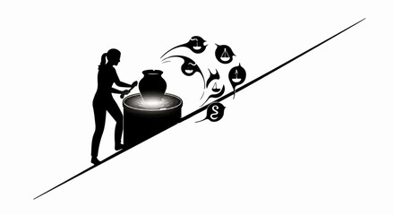 Silhouette of a woman pushing a pot uphill, with abstract symbols emerging.