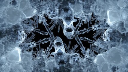 A macro view of a beautiful, symmetrical ice crystal snowflake forming against a dark background. - Powered by Adobe