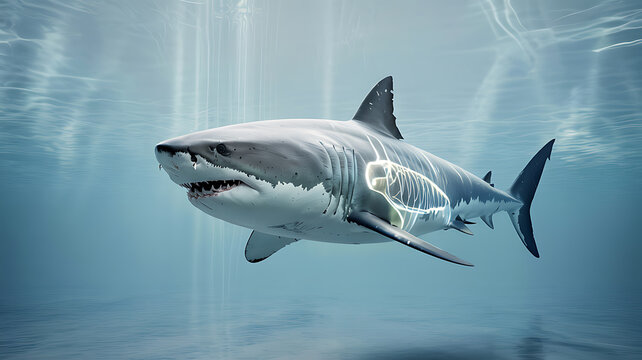 Great white shark anatomy x-ray in clear blue ocean water