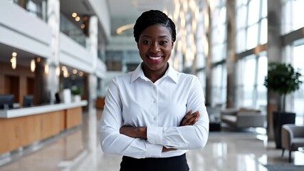 Smiling confident African American businesswoman with crossed arms in a modern office or hotel lobby exuding professionalism and welcoming warmth - Powered by Adobe