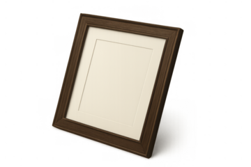 Empty wooden picture frame with a white mat and blank inner space, ready for customization. Transparent background provided