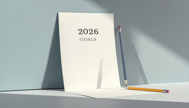 2026 goal planner with two pencils on minimalist desk in soft morning light, creating inspirational workspace scene