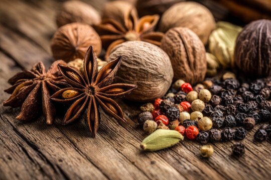 Aromatic spices arranged on rustic wooden surface, creating a culinary composition featuring star anise, nutmeg, peppercorns, and cardamom pod, close up view.