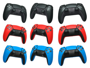 Collection of gaming controllers isolated on white background with clipping path