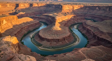 Aerial view showcases a dramatic river meander through a vast, sunlit canyon landscape