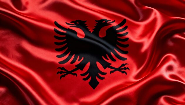 A vivid depiction of the albanian flag waving with a prominent black double headed eagle