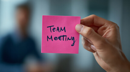 document manager, checking corporate file, Team meeting note on pink sticky paper held by hand with blurred person in background, concept of business planning and communication