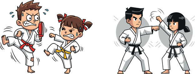 Cartoon kids and adults practicing karate, martial arts training illustration, white to black belt progression, sparring and kicking drill, vector sports concept