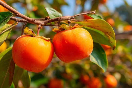 Close-up shot of ripe persimmon fruits hanging on a tree branch, with vibrant orange color and green leaves in a natural garden setting. - Powered by Adobe