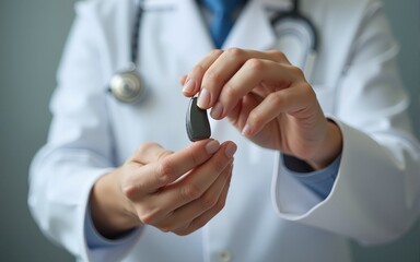 Hand of an audiologist doctor placing a hearing aid in its case. High quality