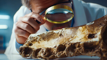 Scientist inspects massive prehistoric bone fragment with magnifying glass at research lab