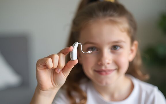 Hearing solution for children. Girl holding the latest generation hearing aids in her hand, treatment of deafness in children. Soft focus. High quality