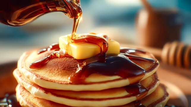Stack of pancakes dripping with maple syrup and melting butter for a delicious breakfast