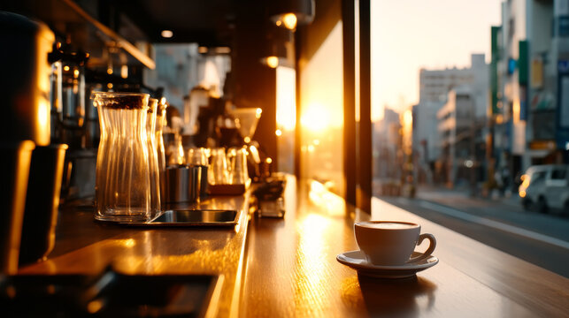 Sunlight streaming through window illuminates coffee cup, glass carafe, and wooden counter in cozy urban cafe, creating warm, inviting morning atmosphere with city street view