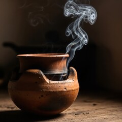 Traditional Sri Lankan Clay Pot With Rising Smoke Under Dramatic Lighting