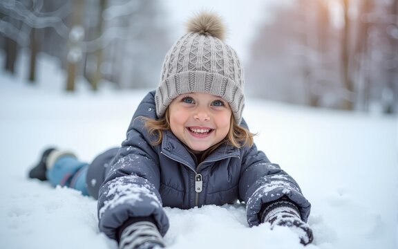 Child with hearing aids making snow angels, bundled up in winter gear, smiling, snowy landscape. High quality