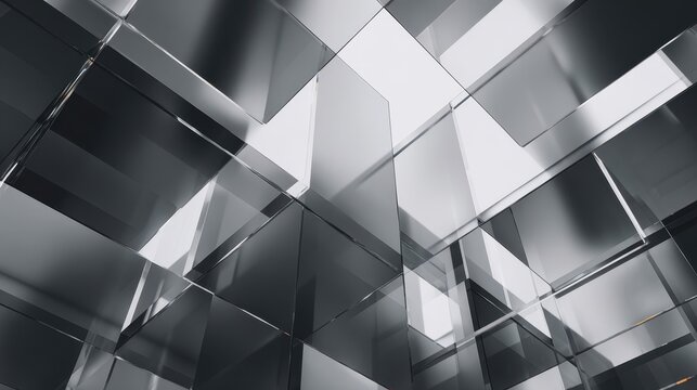 Abstract architectural view of transparent glass geometric structures.
