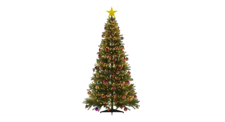 Tall decorated christmas tree with golden star on top isolated on transparent background