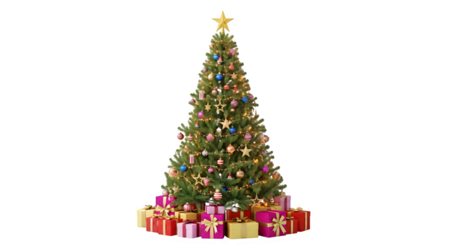 Beautifully decorated christmas tree with presents underneath isolated on transparent background