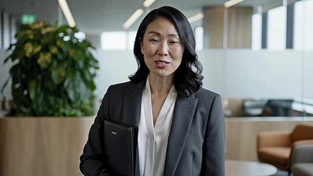 Smiling East Asian businesswoman in a modern office confidently holding a portfolio Professional portrait of a successful corporate executive ready for business
