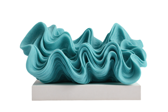 Teal, abstract, sculpted form on white base