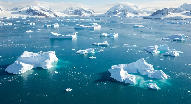 Aerial view showcases a frigid ocean dotted with icebergs near snow-covered mountain peaks