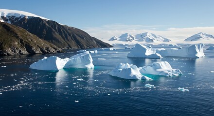 Aerial view showcases a frozen landscape with icebergs, mountains, sea, and clear blue skies