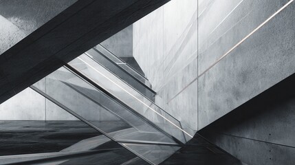 Modern architectural interior with concrete walls and angular glass elements.
