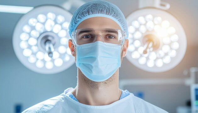 Portrait  of male surgeon with protective glasses and mask in Hospital operating theater.
