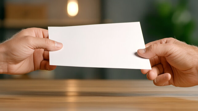 Close up of hands exchanging document white envelope business deal communication agreement trust wooden table blurred background warm light