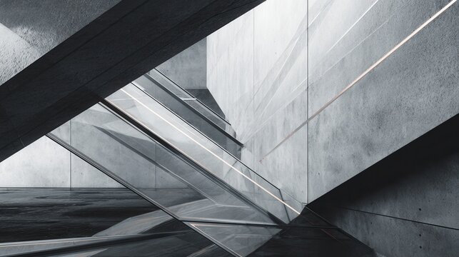Modern architectural interior with concrete walls and angular glass elements.