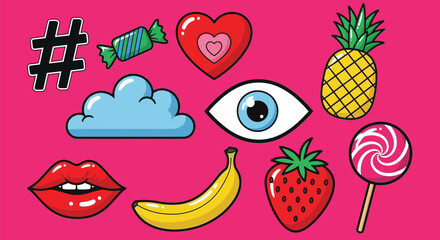 Pop art style graphic with candy and fruit on pink background