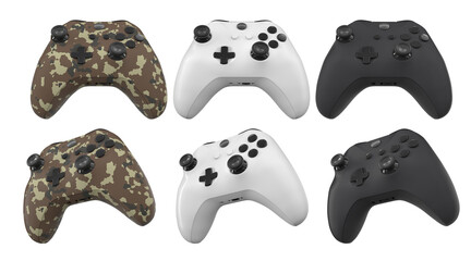 Collection of gaming controllers isolated on white background with clipping path