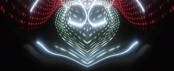 A sparkling pink, red, white, and blue digital heart symbol formed from symmetrical light articles. An intense abstract design against a dark background, representing futuristic love