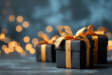 Three elegant black gift boxes with golden ribbons are displayed against a bokeh background.