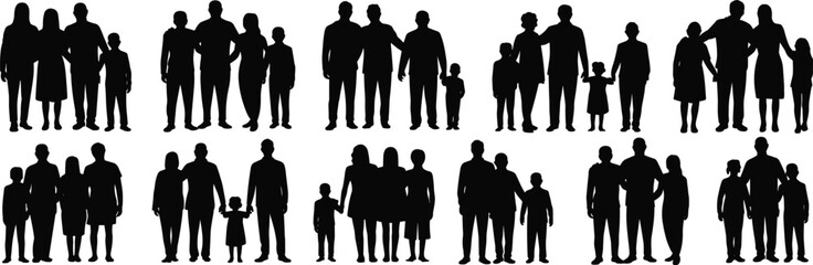 Family silhouette vector, inclusive group icon, parenting unity pose, cad drawing flat vector illustration, black bonding figure, relationship lifestyle design