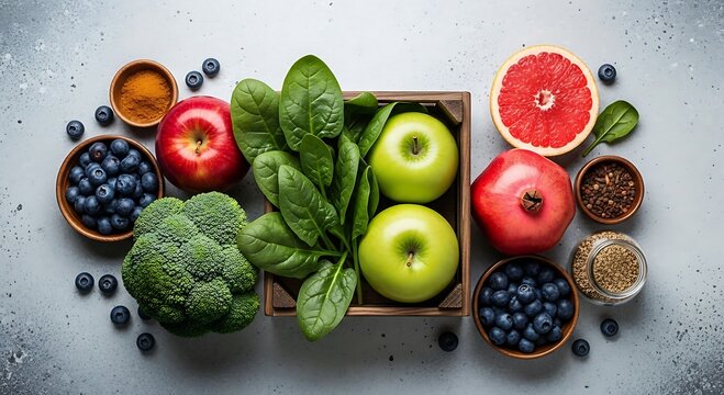 Assortment of fresh fruits, vegetables, and superfoods for a healthy diet.