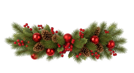 Festive christmas garland with pine cones red baubles and ribbons isolated on transparent background