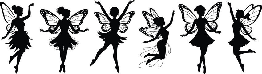 Fairy silhouette vector, graceful winged pose, fantasy character design, cad drawing flat vector illustration, black icon, whimsical magical figure art