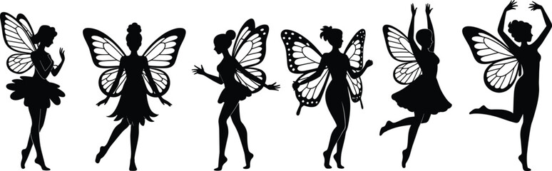 Fairy silhouette vector, magical flying pose, fantasy winged character, cad drawing flat vector illustration, black icon, whimsical mythical figure art