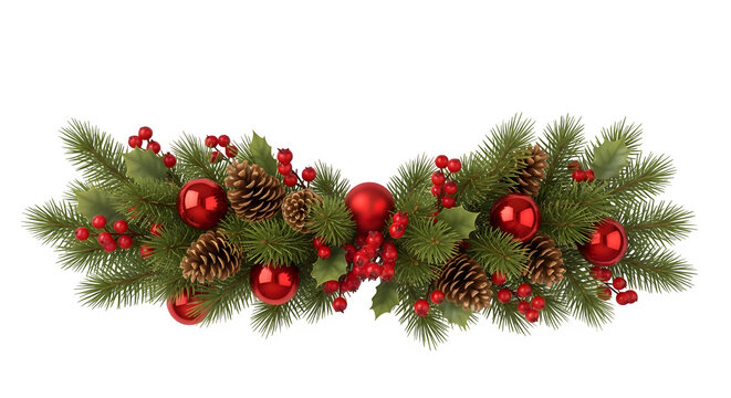 Festive christmas garland with pine cones red baubles and ribbons isolated on transparent background - Powered by Adobe